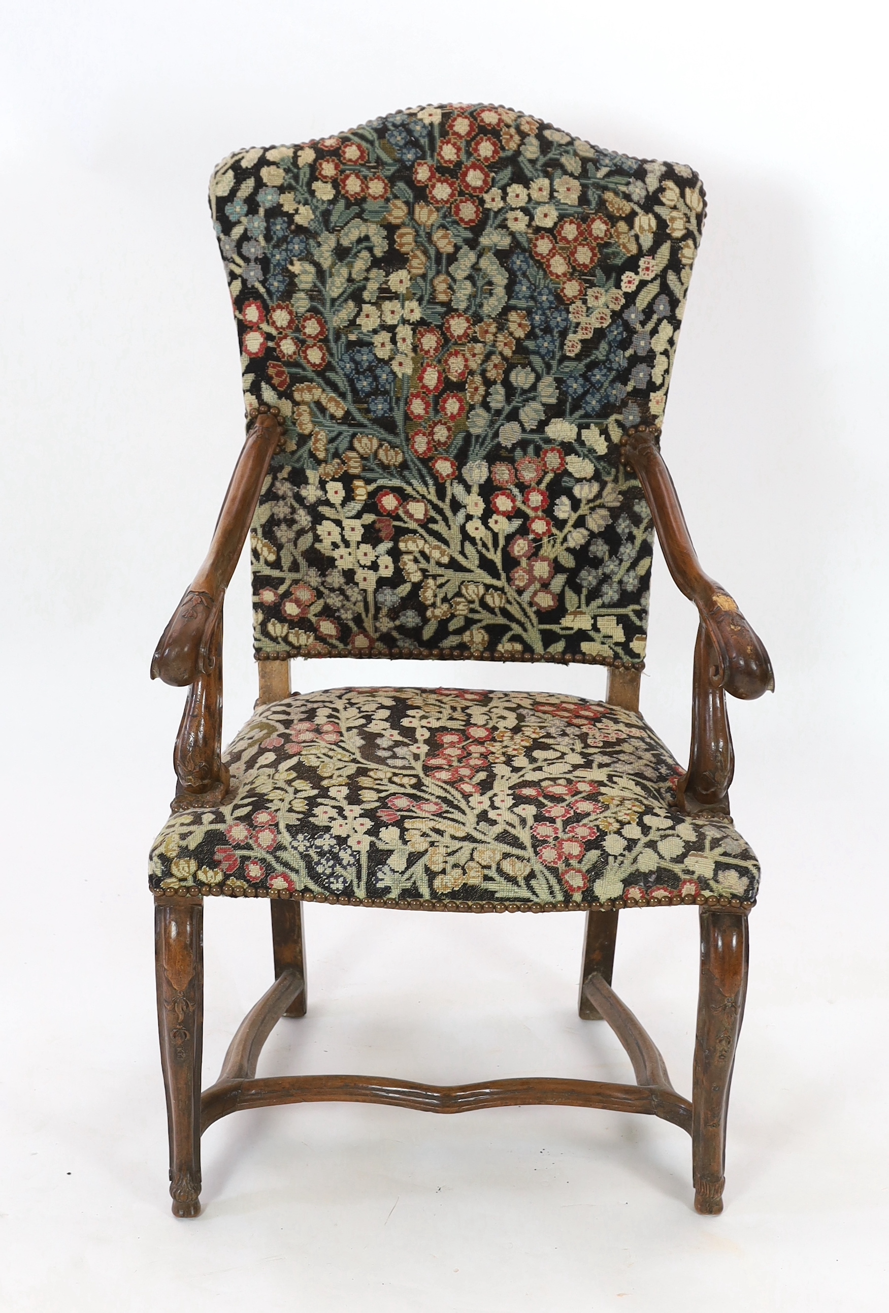 A Louis XIV walnut armchair, width 71cm, depth 80cm, height 124cm